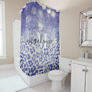 Blue Glitzer Leopard Print Duschvorhang
