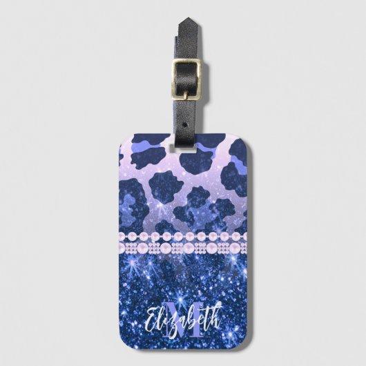 Blue Glitzer Leopard Print Gepäckanhänger (Vorderseite Vertikal)
