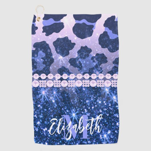 Blue Glitzer Leopard Print Golfhandtuch (Vorderseite)