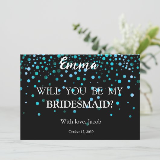 Blue Glitzer Minimal Script Bridesmaid Vorschlag Einladung (Stehend Vorderseite)