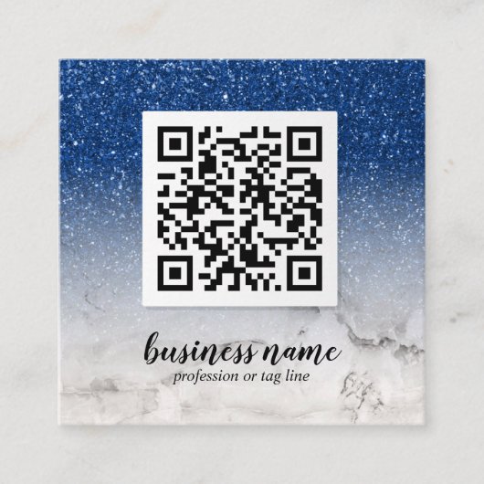 Blue Glitzer Ombre Cursive QR CODE Sozialsymbol Quadratische Visitenkarte (Vorderseite)