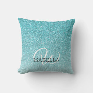 Blue Glitzer Ombre Individuelle Name Monogram Kissen