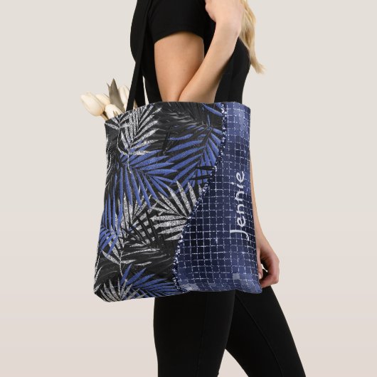 Blue Glitzer Palm Blätter Glam Wave Personalisiert Tasche (Von Nahem)