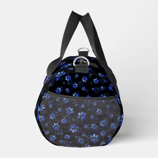 Blue Glitzer Pet Paw-Druck auf schwarzem Hintergru Duffle Bag (Rechts)
