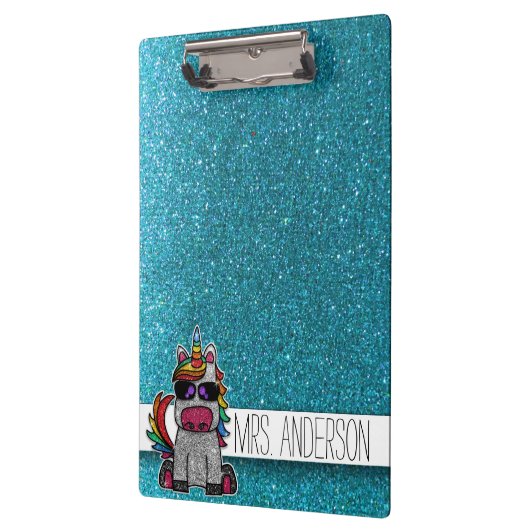 Blue Glitzer Rainbow Unicorers Lehrer im Klassenzi Klemmbrett (Links)
