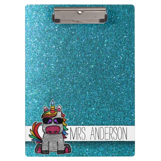Blue Glitzer Rainbow Unicorers Lehrer im Klassenzi Klemmbrett (Vorderseite)