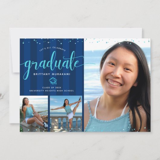 Blue Glitzer Script Abschluss 3 Foto Collage Einladung (Vorderseite)