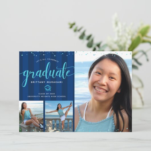 Blue Glitzer Script Abschluss 3 Foto Collage Einladung (Stehend Vorderseite)