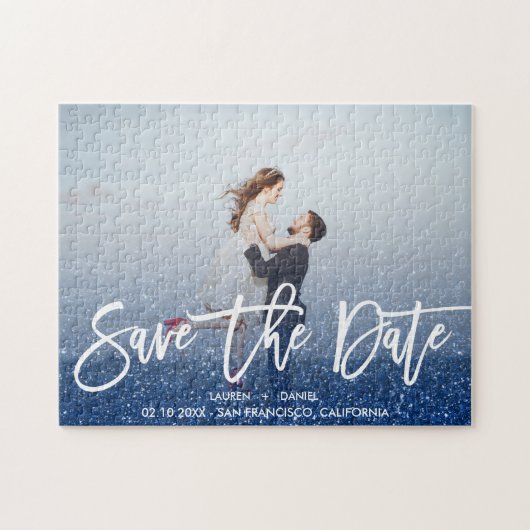Blue Glitzer Script Foto Hochzeit speichern Sie da Puzzle (Horizontal)