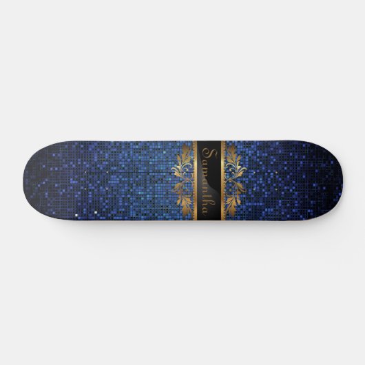 Blue Glitzer Sequin Disco Old School Skateboard (Horizontal)