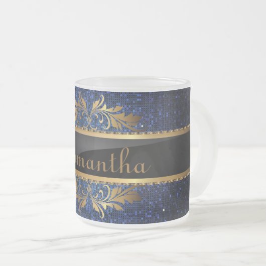 Blue Glitzer Sequin Mattiert Glass Kaffee Tasse Cu (VorderseiteRechts)