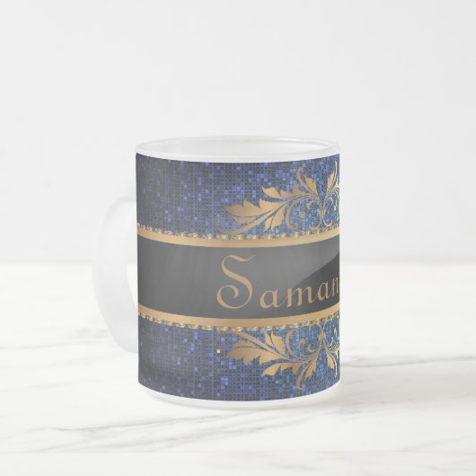 Blue Glitzer Sequin Mattiert Glass Kaffee Tasse Cu (Vorderseite Links)