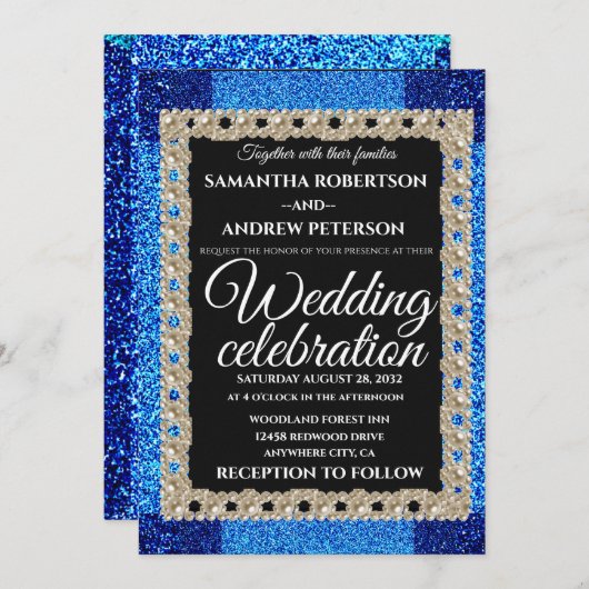 Blue Glitzer Sparkling Pearls Hochzeit Einladung (Vorne/Hinten)