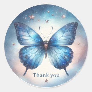 Blue Glitzer Stars Butterfly - Danke - Runder Aufkleber