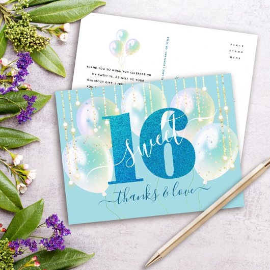 Blue Glitzer Sweet 16 Birthday Balloon Vielen Dank Postkarte