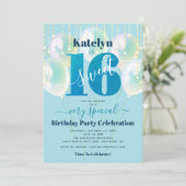 Blue Glitzer Sweet 16 Birthday Balloons Moderne Einladung (Stehend Vorderseite)