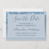 Blue Glitzer Sweet 16 Save the Date Einladung (Rückseite)