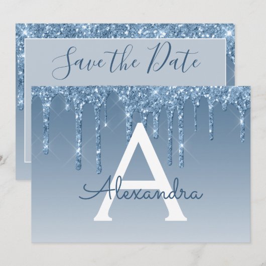 Blue Glitzer Sweet 16 Save the Date Einladung (Vorne/Hinten)