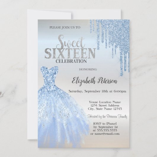 Blue Glitzer Tropfen, Blue Dress Silver Sweet 16 Einladung (Vorderseite)