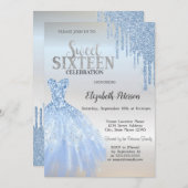 Blue Glitzer Tropfen, Blue Dress Silver Sweet 16 Einladung (Vorne/Hinten)