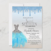 Blue Glitzer Tropfen, Blue Dress Silver Sweet 16 Einladung (Vorderseite)