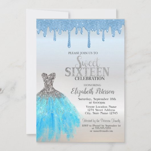 Blue Glitzer Tropfen, Blue Dress Silver Sweet 16 Einladung (Vorderseite)