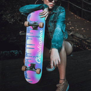 Blue Glitzer Tropfen Fluorescent Neon Pink & Lila Skateboard