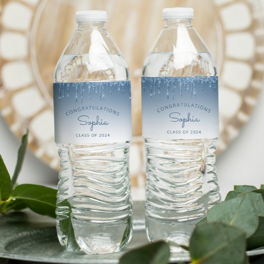 Blue Glitzer Tropfen Graduation Party 2024 Wasserflaschenetikett