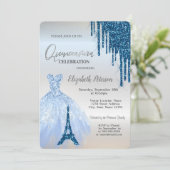Blue Glitzer Tropfen, Kleid, Eiffelturm Quinceañer Einladung (Stehend Vorderseite)