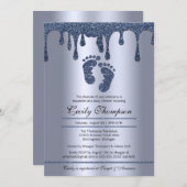 Blue Glitzer Tropfen Luxury Metallic Baby Feet Dus Einladung (Vorne/Hinten)