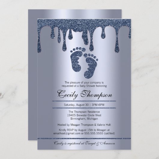 Blue Glitzer Tropfen Luxury Metallic Baby Feet Dus Einladung (Vorne/Hinten)