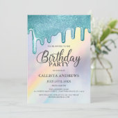 Blue Glitzer Tropfen Rainbow Holographic Birthday Einladung (Stehend Vorderseite)