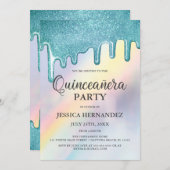 Blue Glitzer Tropfen Rainbow Holographic Quinceañe Einladung (Vorne/Hinten)