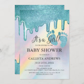 Blue Glitzer Tropfens Rainbow Holographic Baby Sho Einladung (Vorne/Hinten)