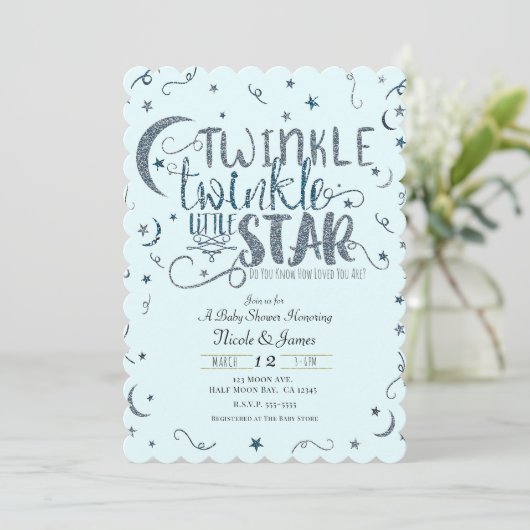 Blue Glitzer Twinkle Little Star Baby Dusche Einladung (Stehend Vorderseite)