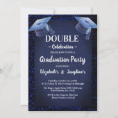 Blue Glitzer Two Graduates Double Graduation Party Einladung (Vorderseite)