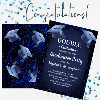 Blue Glitzer Two Graduates Double Graduation Party Einladung