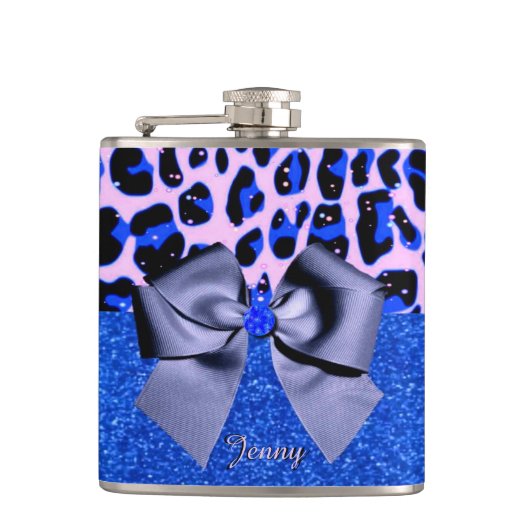 Blue Glitzer und Leopard Print Flachmann (Vorderseite)