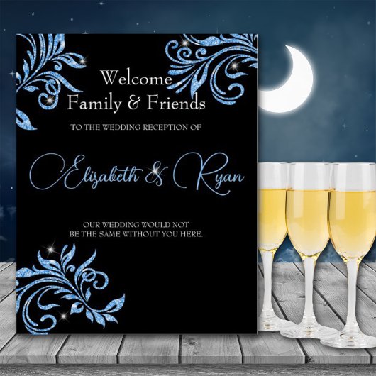 Blue Glitzer Vine Wirbel Sparkle Wedding Willkomme Poster
