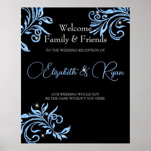 Blue Glitzer Vine Wirbel Sparkle Wedding Willkomme Poster (Vorne)