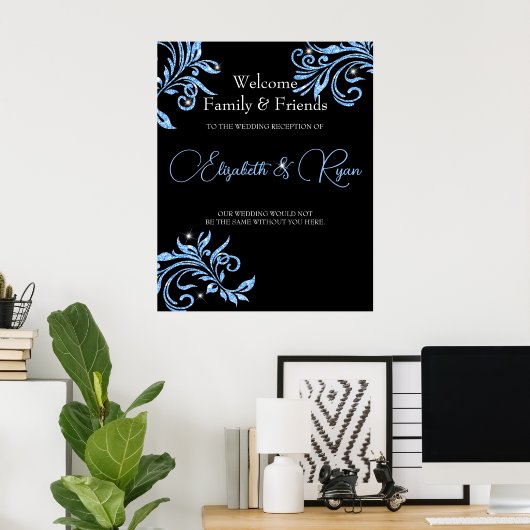 Blue Glitzer Vine Wirbel Sparkle Wedding Willkomme Poster (Heimbüro)