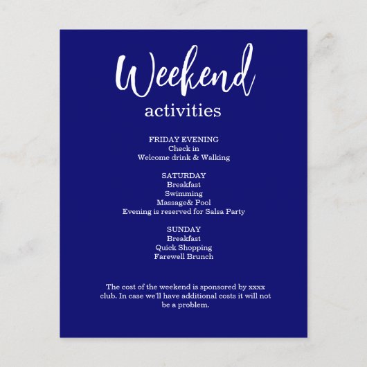 Blue Glitzer Weekend Bachelorette Einladung (Rückseite)