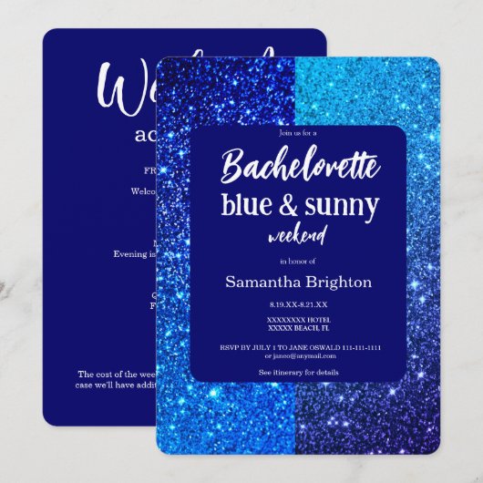 Blue Glitzer Weekend Bachelorette Einladung (Vorne/Hinten)
