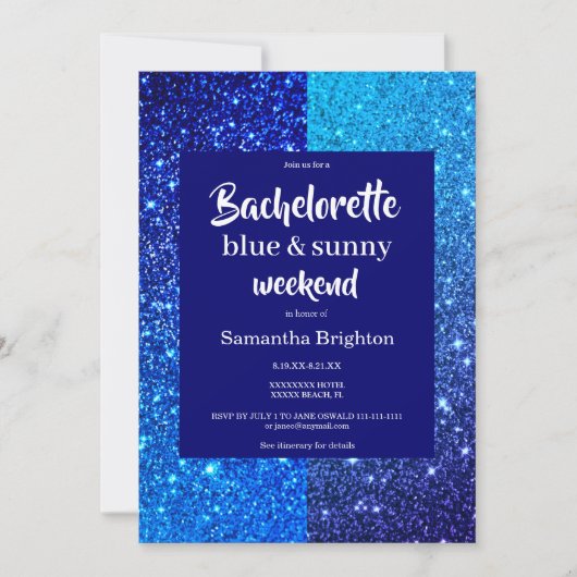 Blue Glitzer Weekend Bachelorette Einladung (Vorderseite)