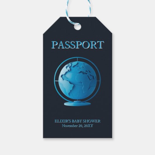 Blue Globe Passport Travel Baby Shower Geschenkanhänger (Vorderseite)