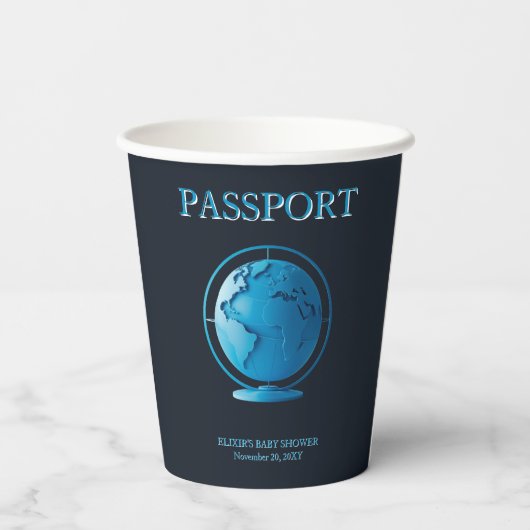 Blue Globe Passport Travel Baby Shower Pappbecher (Rückseite)