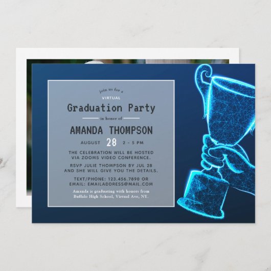 Blue Glow Futuristic Virtual Graduation Party Einladung (Vorne/Hinten)
