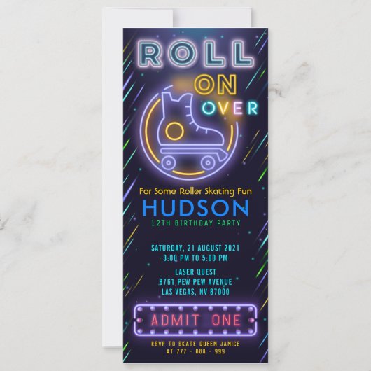 Blue Glow Roller Skaten Ticket Pass Geburtstag Einladung (Vorderseite)