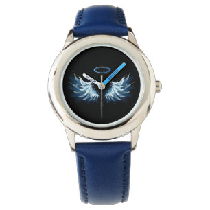 Blue Glows Angel Wings auf schwarzem Hintergrund Armbanduhr