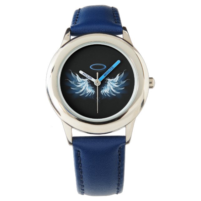 Blue Glows Angel Wings auf schwarzem Hintergrund Armbanduhr (Vorderseite)